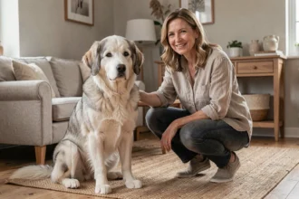 Femme accroupie accueillant un chien Eurasier dans un salon chaleureux et bien aménagé