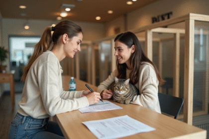 Jeune femme signant un contrat d adoption avec un chat dans un refuge