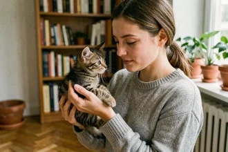 Jeune femme examinant attentivement un chaton tigré de 3 mois dans un appartement parisien lors d'une adoption responsable