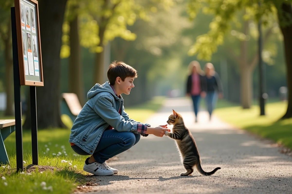 Adolescent offrant un chaton à une femme dans un parc ensoleille