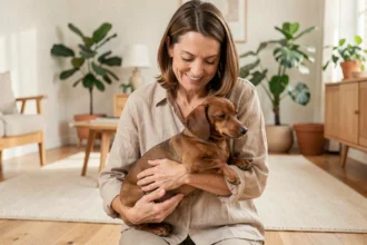 Femme adoptant un teckel nain adulte dans un intérieur chaleureux, chien au pelage châtain reposant dans ses bras