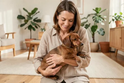 Femme adoptant un teckel nain adulte dans un intérieur chaleureux, chien au pelage châtain reposant dans ses bras