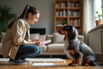 Femme lisant une checklist d'adoption face à un teckel poils longs arlequin assis sur un parquet en bois