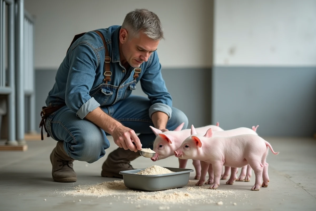 Agriculteur préparant la nourriture adaptée pour des porcelets de quatre semaines dans un élevage moderne