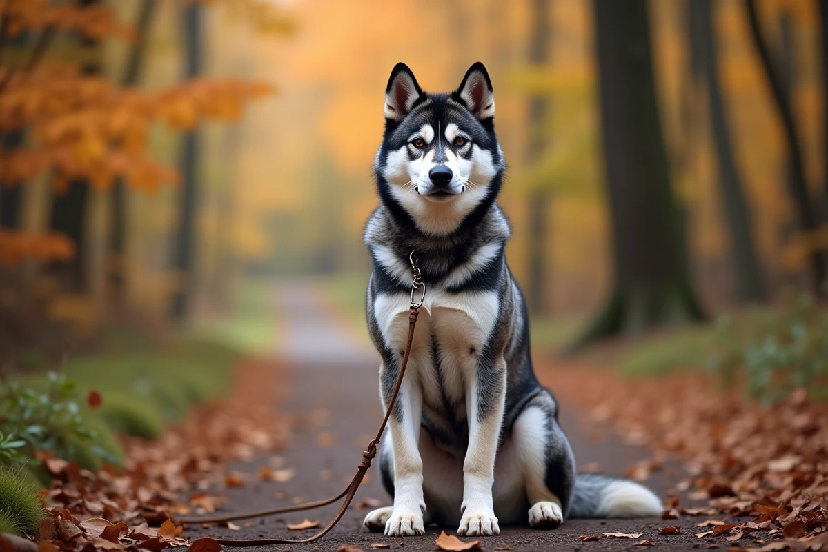 Akita Inu bringé bleu adulte assis sur un sentier forestier après un exercice de rappel