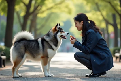 Femme entraînant un Akita Inu bringé bleu au rappel dans un parc urbain