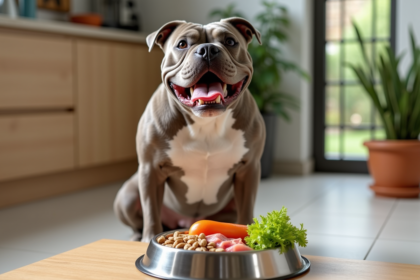 American Bully adulte mangeant dans une cuisine moderne