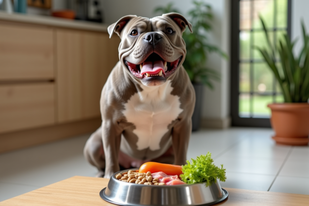 American Bully adulte mangeant dans une cuisine moderne
