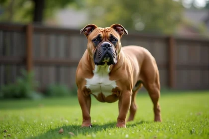 American Bully standard adulte en plein air montrant sa musculature et sa tête large et carrée