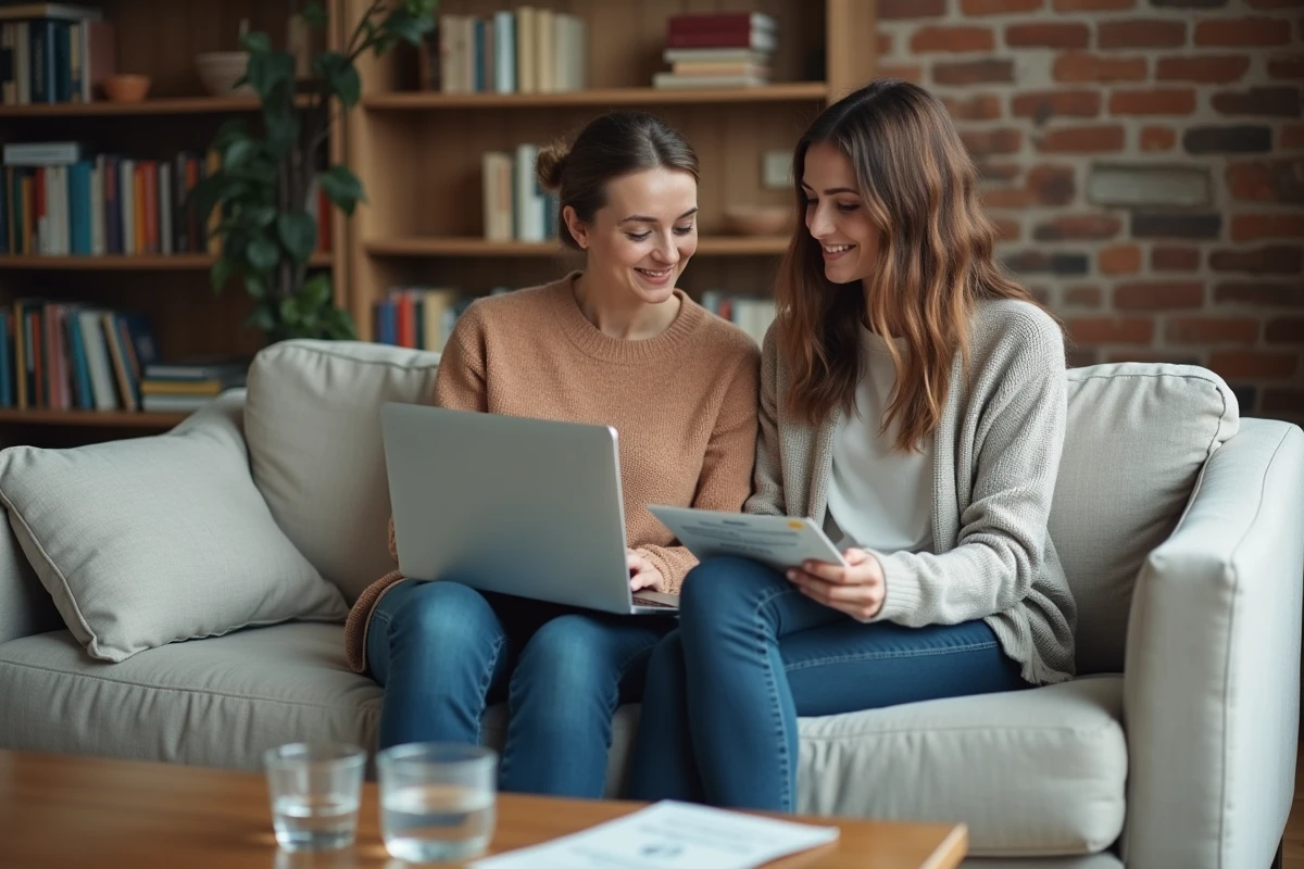 Deux amies discutant d'informations sur la contraception devant un ordinateur portable dans un salon, représentant la recherche d'informations de santé entre pairs