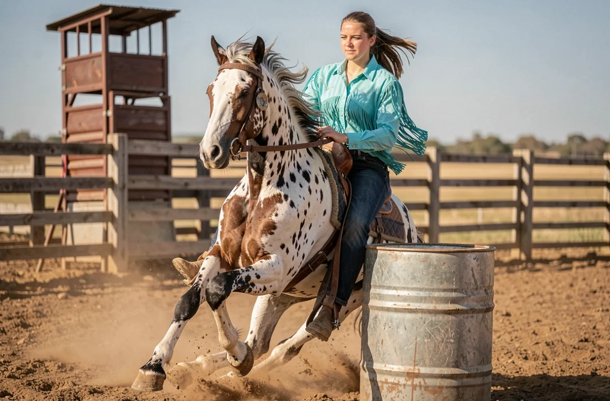 Cheval Appaloosa en course de barils lors d'un rodéo rural avec une cavalière en chemise western turquoise