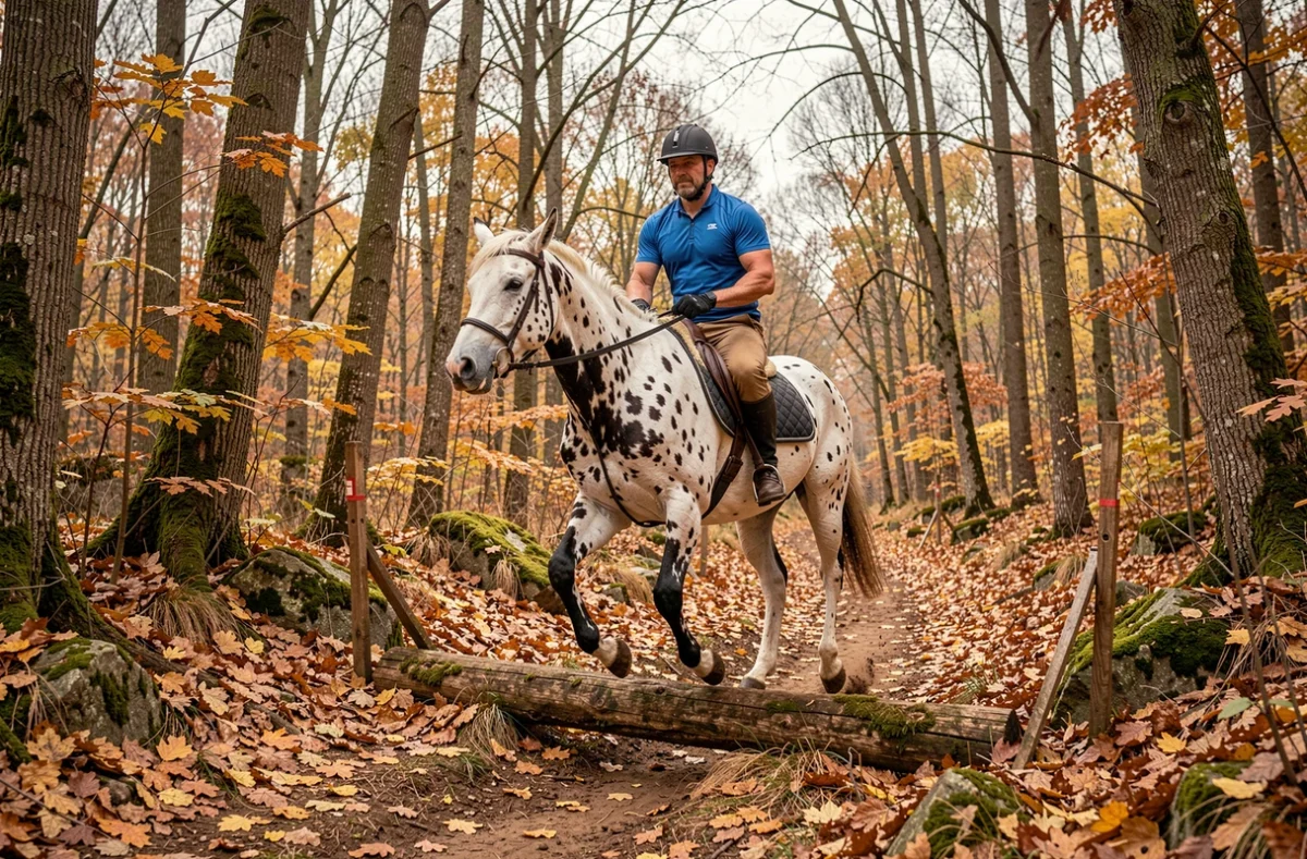 Cheval Appaloosa en randonnée d'endurance franchissant un obstacle naturel en forêt automnale avec son cavalier