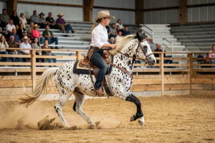 Cheval Appaloosa à robe léopard en compétition de reining western avec une cavalière concentrée dans une arène couverte
