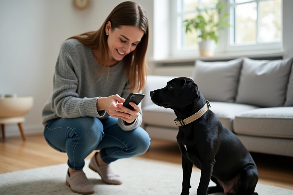 Femme consultant une application de suivi GPS sur smartphone à côté de son chien portant un collier connecté dans un salon moderne