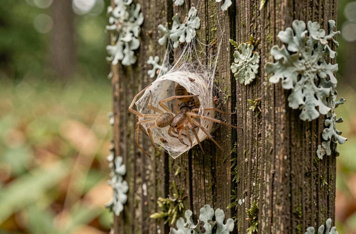 Petits araignéaux émergeant d'un cocon de soie déchiré sur un piquet de bois recouvert de lichen en forêt