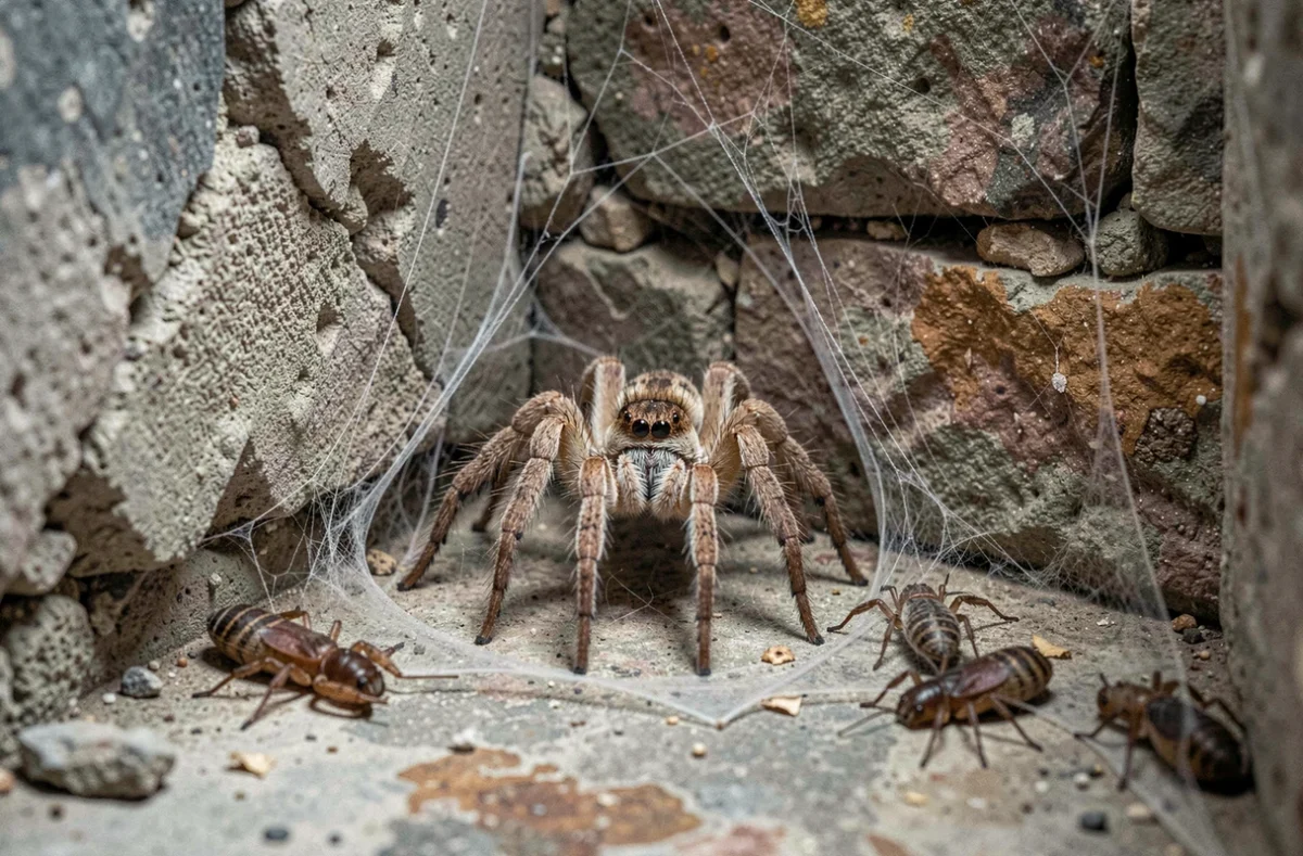 Araignée domestique adulte vieillissante dans le coin d'une cave en pierre avec les restes d'une toile en entonnoir poussiéreuse