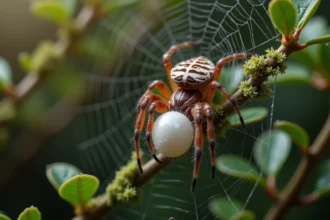 Araignée mature avec son sac d'œufs dans un jardin naturel