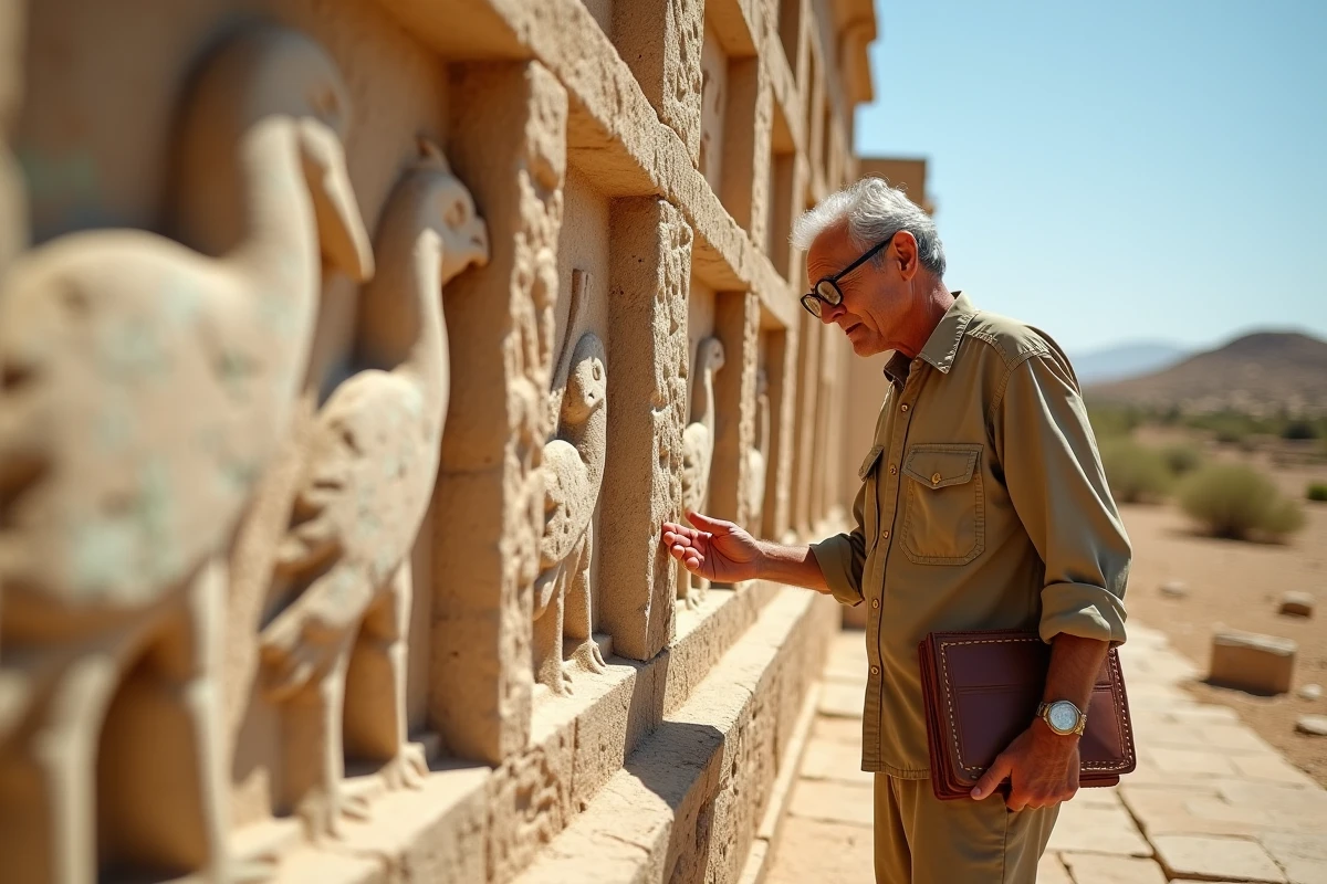 Archéologue examinant des bas-reliefs d'oiseaux sculptés sur un temple en pierre ancien, symboles spirituels millénaires