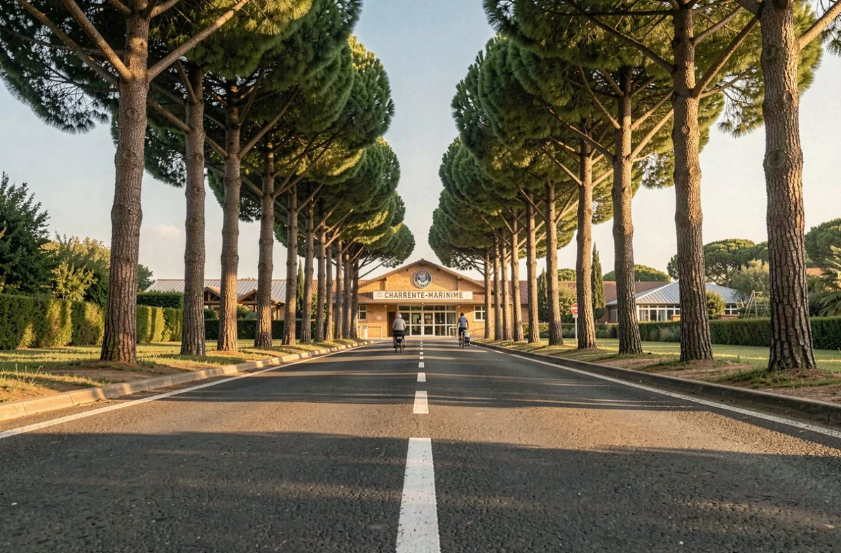Avenue d'accès boisée menant au Zoo de La Palmyre avec des visiteurs à pied et à vélo