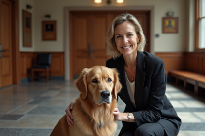 Avocate avec chien golden retriever dans un hall moderne