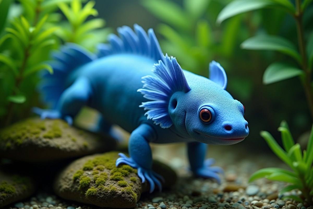 Axolotl bleu nageant dans un aquarium lumineux