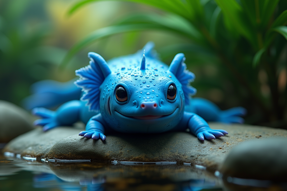 Axolotl bleu reposant sur un rocher dans un terrarium