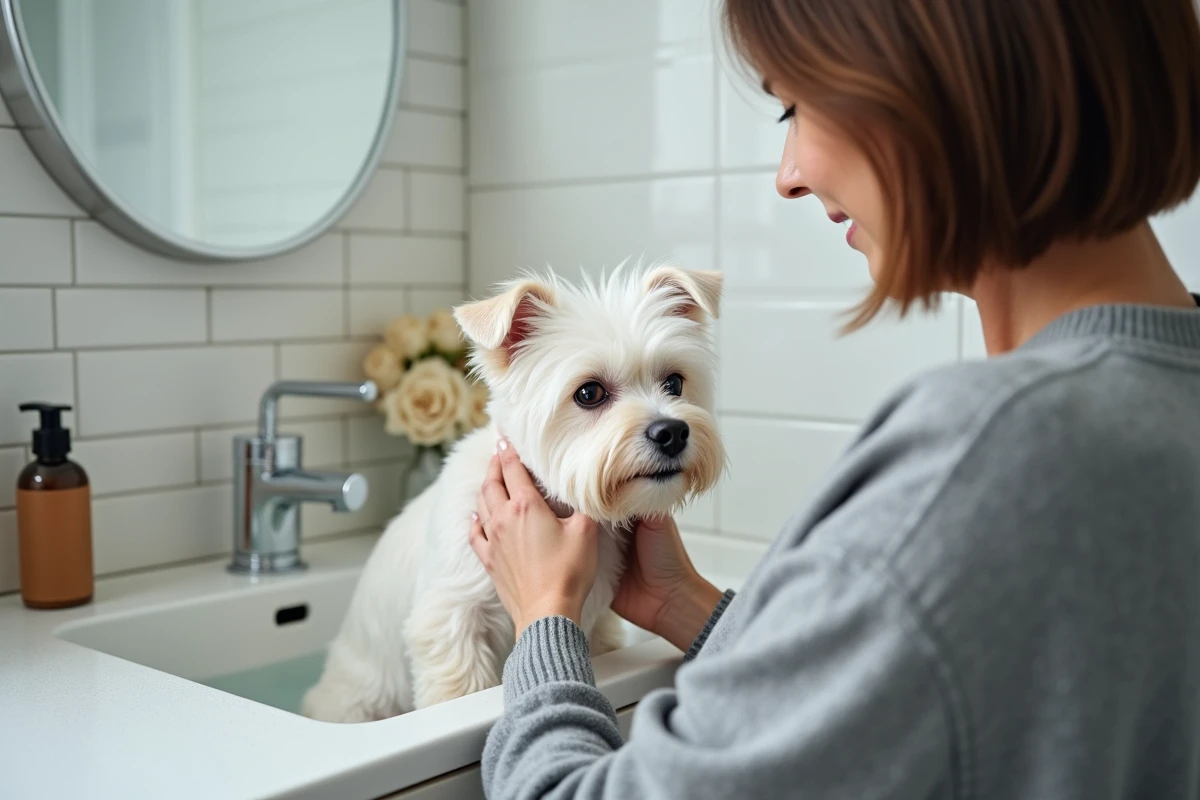 Femme donnant un bain à son Bichon Maltais dans un lavabo de salle de bain avec shampoing pour chien