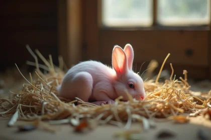 Bébé lapin naissant abandonné dans son nid de foin et de fourrure dans un abri de jardin