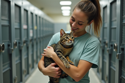 Benevole caressant un chat tacheté dans refuge animalier