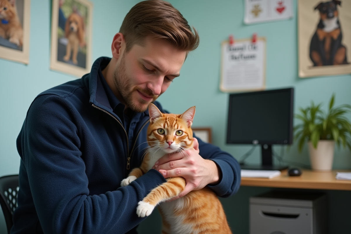 Jeune benevole caressant un chat ginger dans refuge animal