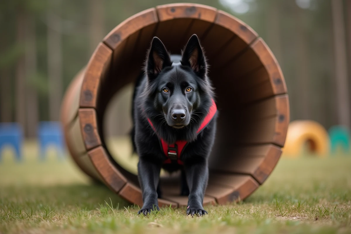 Berger allemand noir en harnais rouge traversant un tunnel d'agility, entraînement sportif pour chien épanoui