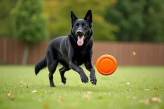Berger allemand noir en plein saut attrapant un frisbee orange dans un parc, activité physique épanouissante pour chien