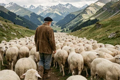 Berger basque en béret guidant son troupeau de brebis Manech sur un chemin de montagne lors de la transhumance au Pays Basque