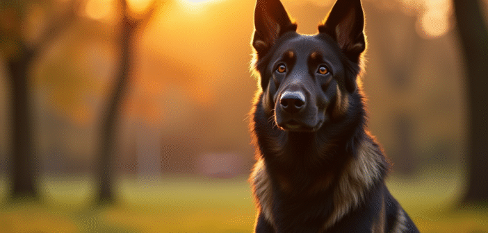 Chien berger allemand noir en position d'alerte au parc