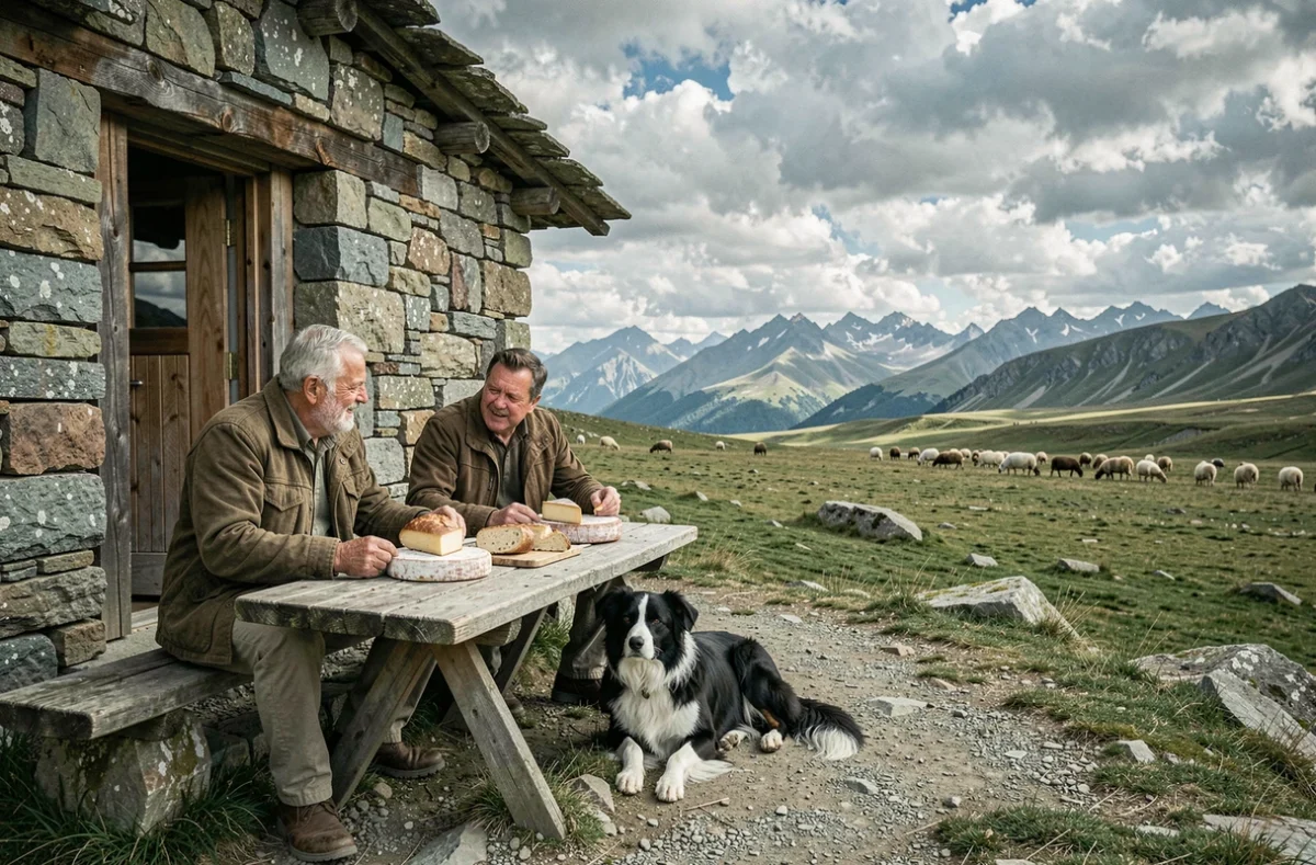 Deux bergers basques partageant un repas traditionnel devant une cayolar en pierre sur le plateau pyrénéen pendant la transhumance 2026