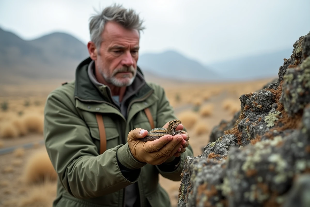 Biologiste spécialisé en conservation tenant délicatement un reptile rare dans un environnement semi-aride