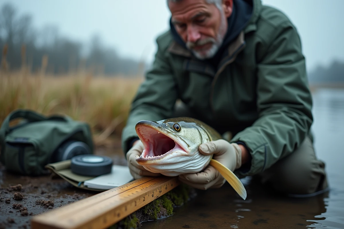 Biologiste tenant un brochet sur une planche de mesure au bord d'une rivière, examinant la dentition du poisson lors d'une étude de terrain