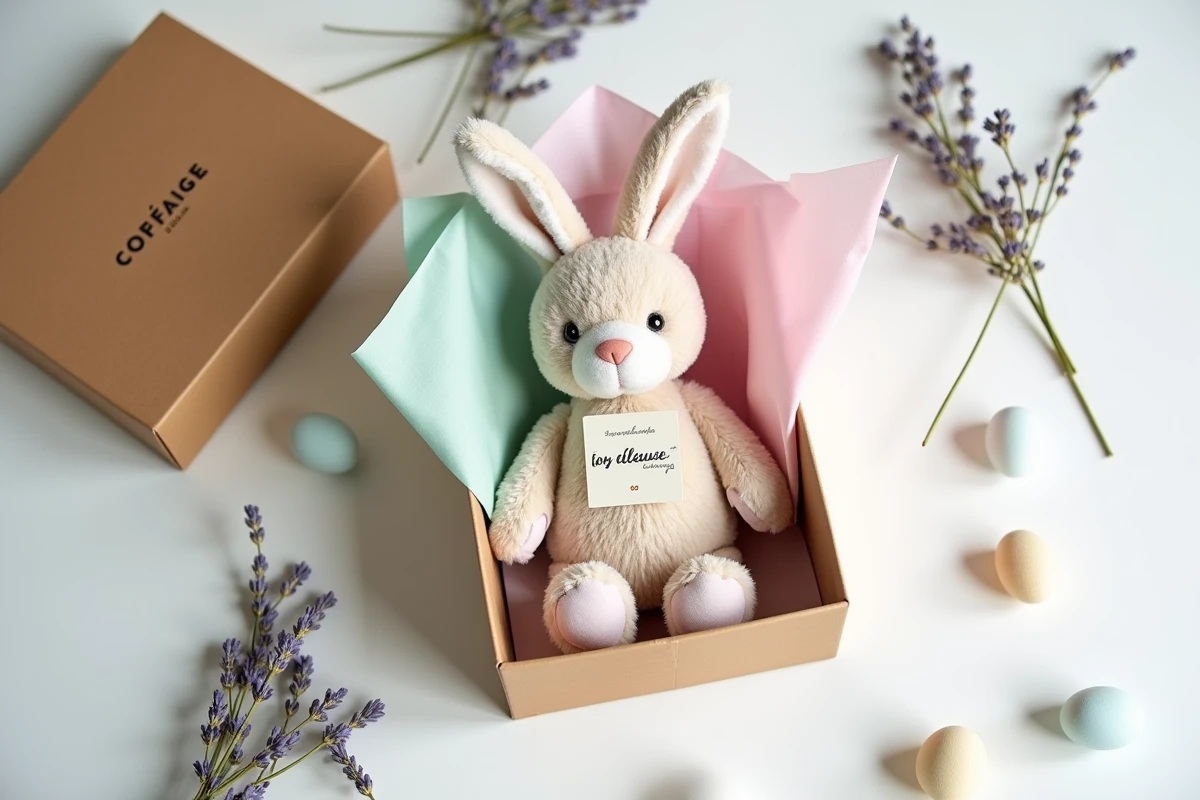 Boîte cadeau ouverte contenant le jouet lapin Petsboro avec décoration de Pâques originale sans chocolat