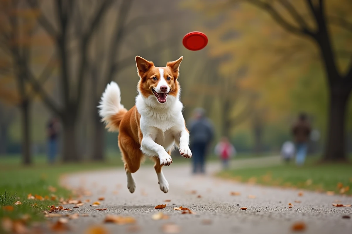 Border Collie rouge et blanc à poil ras sautant pour attraper un frisbee dans un parc, pelage court et silhouette musclée en plein vol