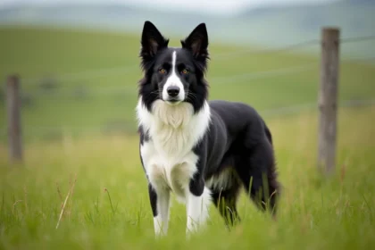 Border Collie à poil ras noir et blanc debout dans un champ, regard alerte et musculature visible sous le pelage court