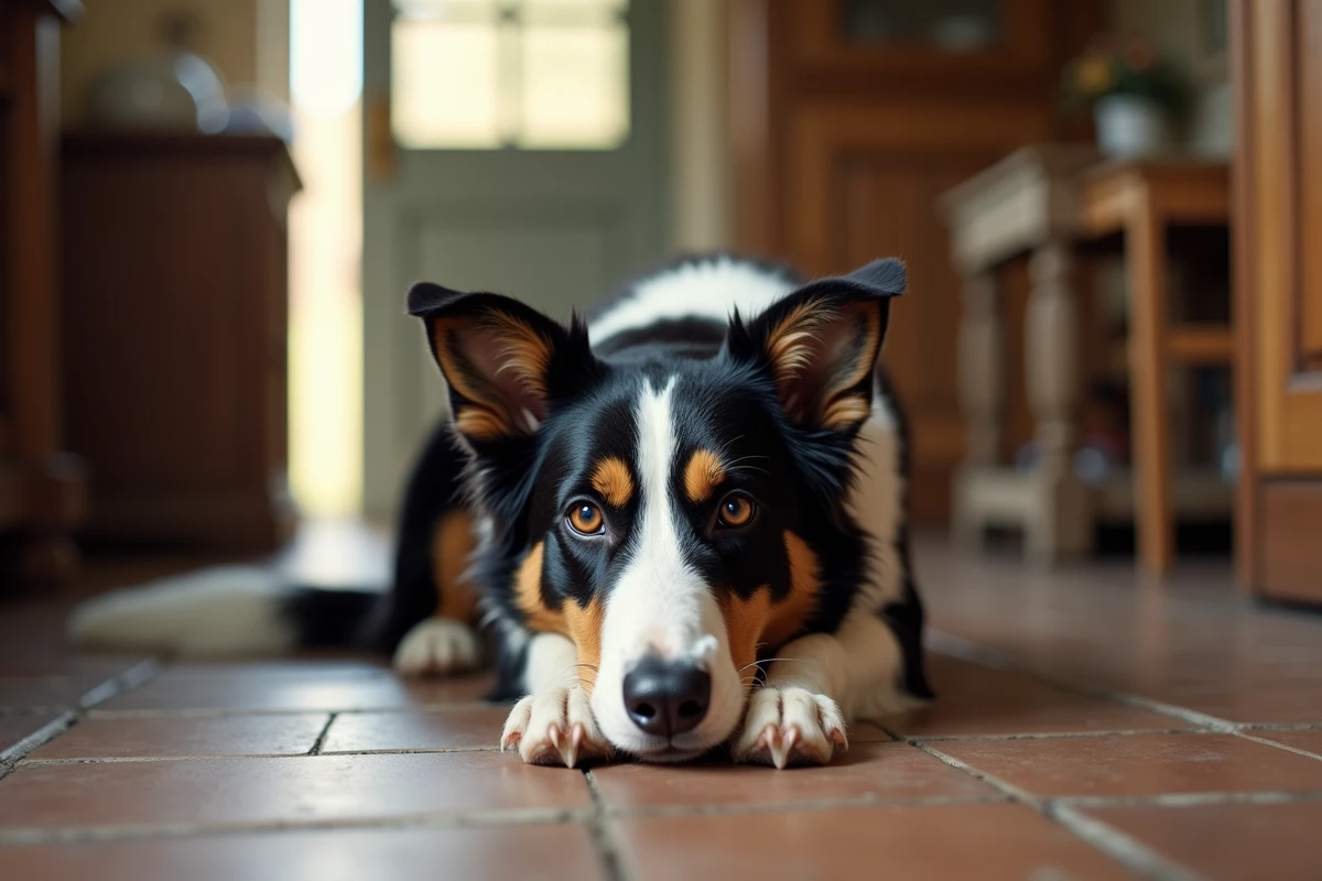 Border Collie tricolore à poil ras allongé sur un plancher en bois dans une cuisine de ferme, regard expressif et pelage brillant