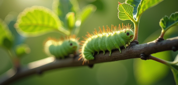 Branche de pommier avec des chenilles vertes sur les feuilles