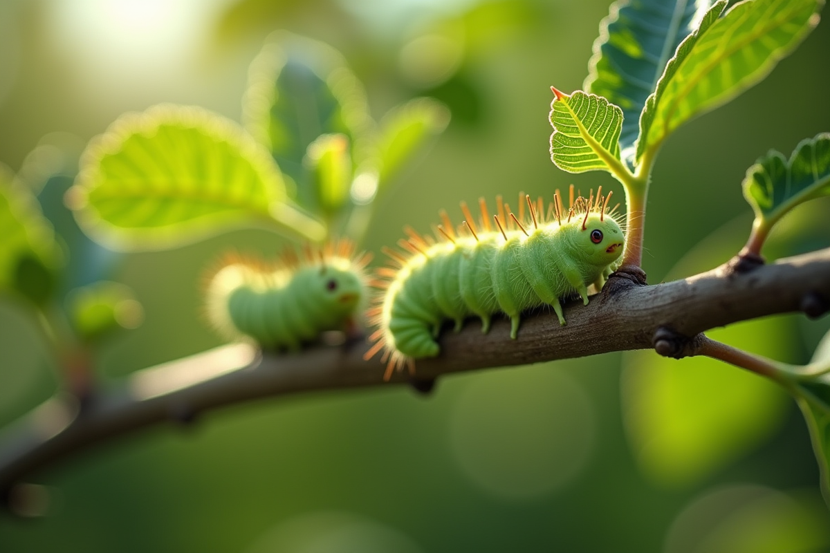 Branche de pommier avec des chenilles vertes sur les feuilles