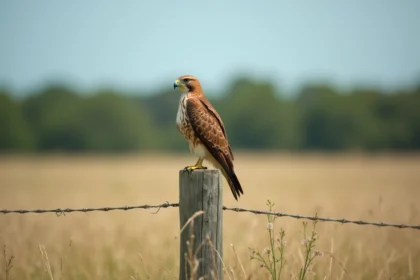Buse à queue rousse perchée sur un poteau de clôture dans une prairie ensoleillée, animal diurne actif en pleine journée
