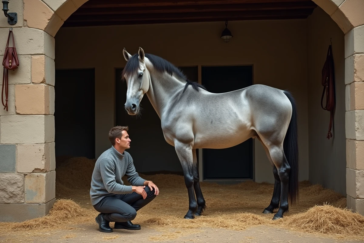 Cavalier observant le comportement et le langage corporel d'un cheval froid dans une écurie en pierre, pour mieux comprendre son tempérament
