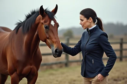 Cavalière établissant un contact calme avec un cheval sensible dans un paddock, illustrant la communication et la lecture du caractère équin