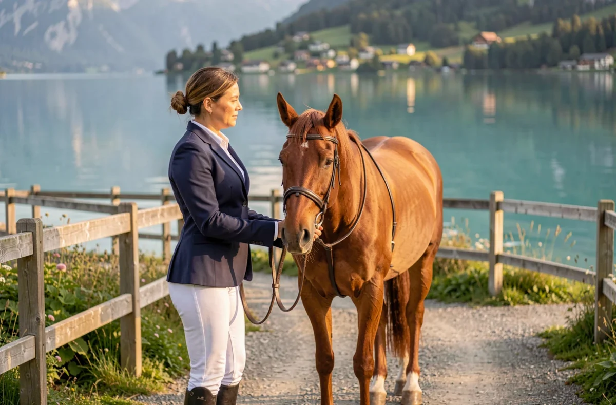Instructrice équestre guidant un cheval alezan sur les rives du lac d'Annecy au centre La Cavale à Sevrier