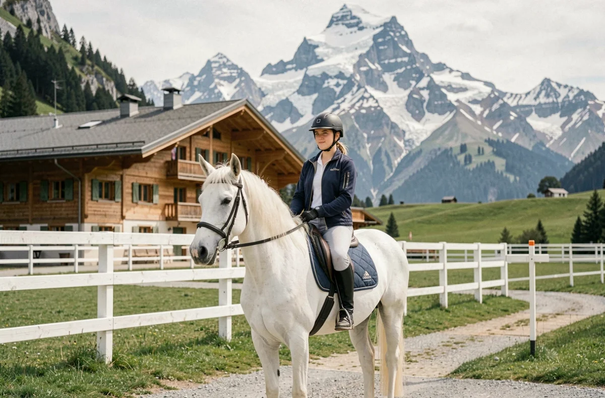 Cavalière sur un cheval blanc devant le Centre Équestre du Mont-Blanc à Saint-Gervais-les-Bains avec le massif enneigé en arrière-plan