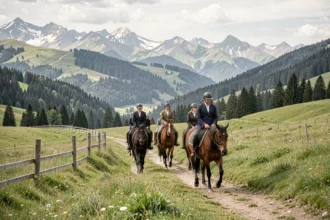 Cavaliers en randonnée équestre dans un paysage alpin d'Auvergne-Rhône-Alpes avec prairies verdoyantes et sommets enneigés