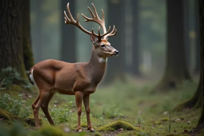 Cerf mâle européen dans la forêt au crépuscule